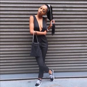 Gloria deep V plunging pinstripe jumpsuit